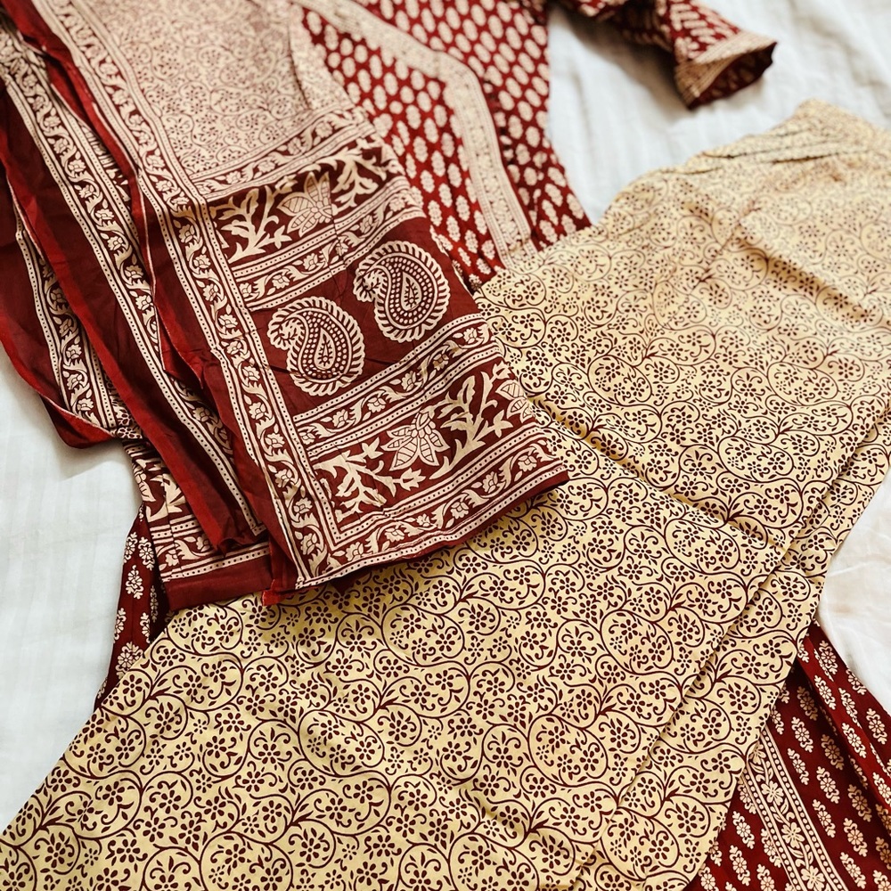 Indo Era Maroon & Beige Printed Anghrakha Kurta with Plazzos & Dupatta - Picture 2 of 14